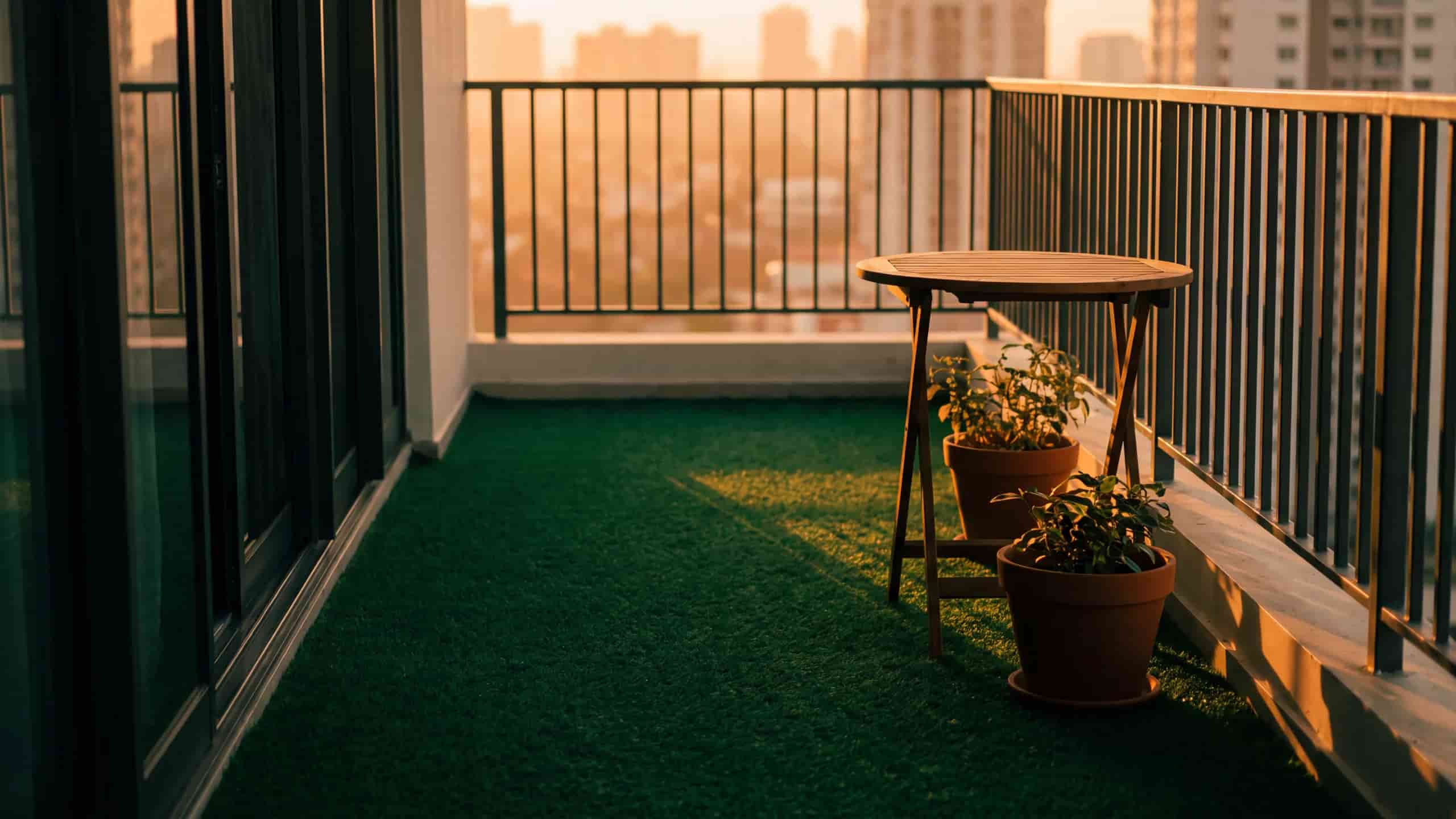 Dar bir apartman balkonu; baştan sona yapay çim kaplı zemin, küçük bir ahşap sehpa ve saksı bitkiler.