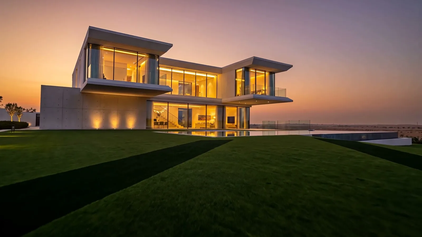 Önde geniş yapay çim yüzey, arkada camları sıcak ışıkla aydınlanmış modern villa; akşamüstü.