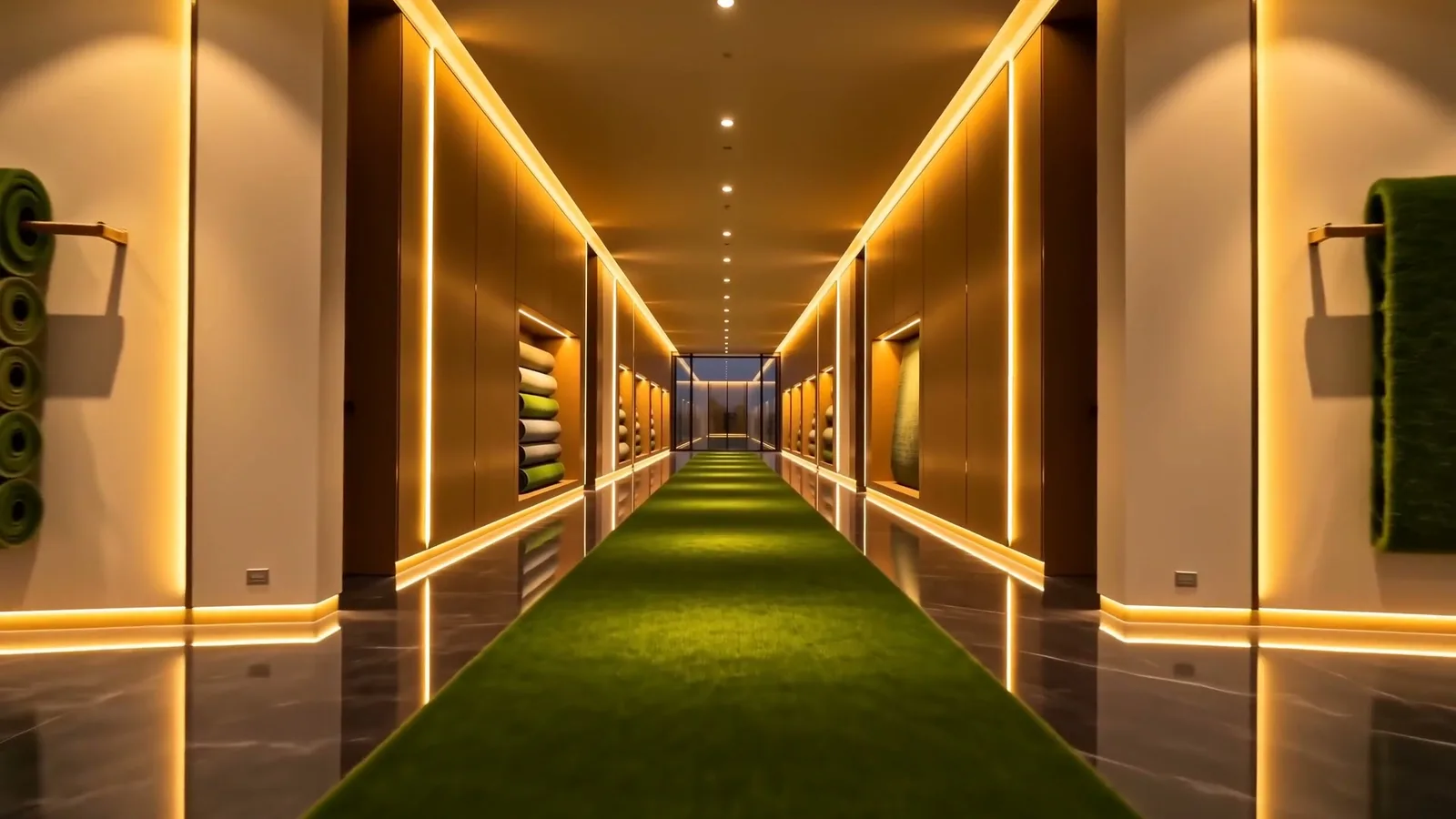 Altın ışık bantlı bir showroom koridoru; ortada uzayan yeşil yapay çim yolu.