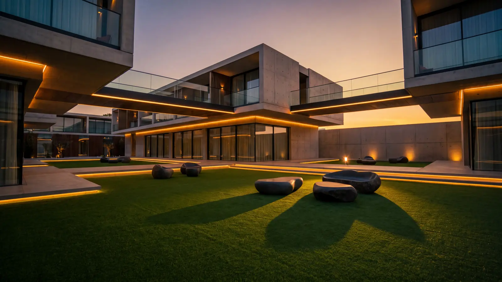 Fütüristik bir otel avlusu; merkezde yapay çim, beton kütlelerde sıcak LED vurguları.
