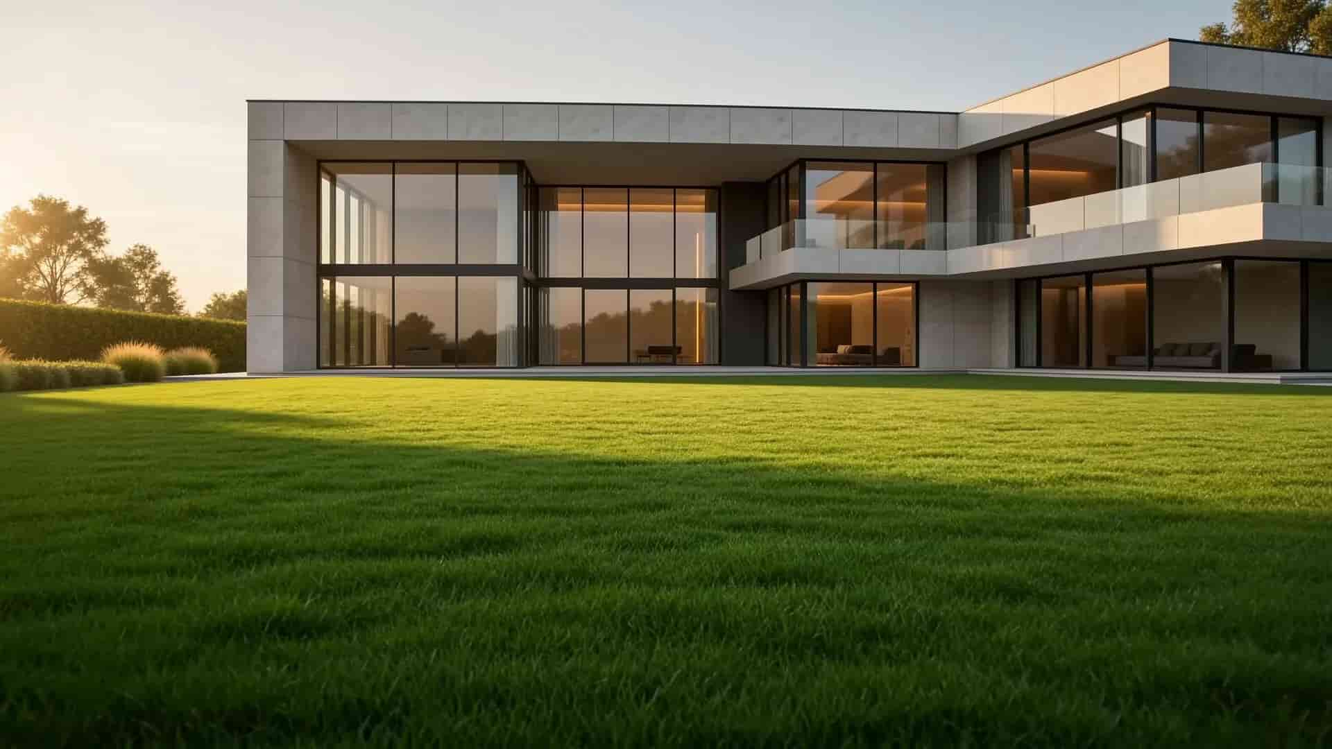 Yaz ışığında modern villa önünde kusursuz yapay çim yüzey.
